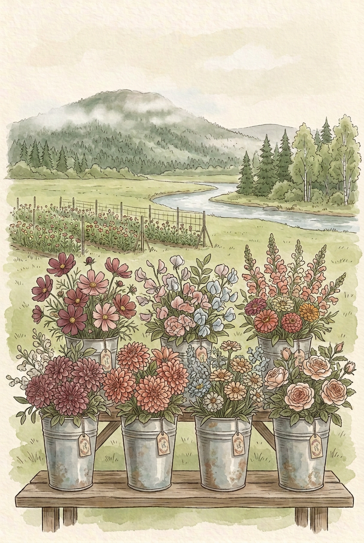 Ferdige buketter med snittblomster i bøtter, med åkeren og elva i bakgrunnen