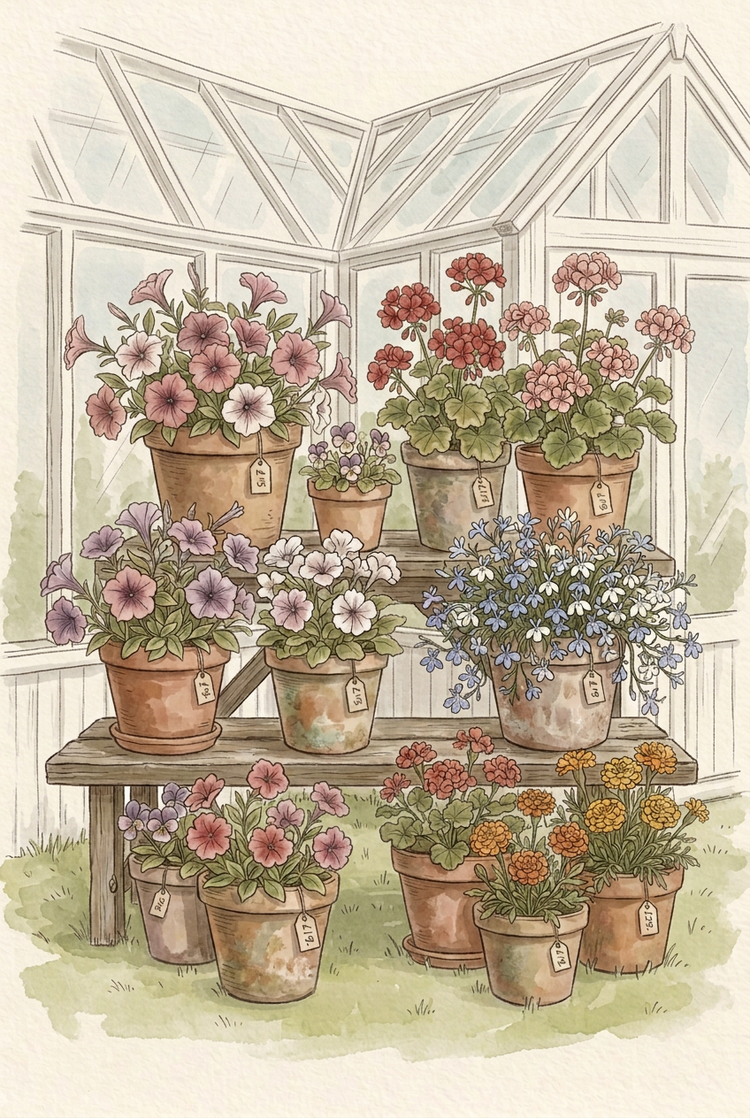 Sommerblomster i leirpotter klare for salg foran det hvite orangeriet