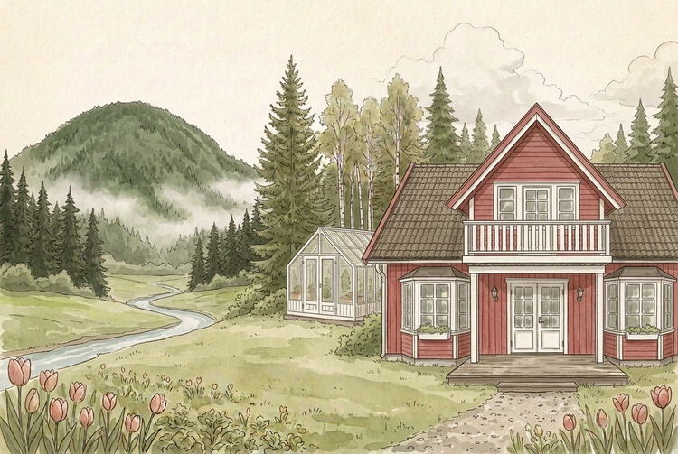 Det røde huset og det hvite orangeriet i Fugelli, med utsikt mot tåke over dalen, fjell, åker og elv