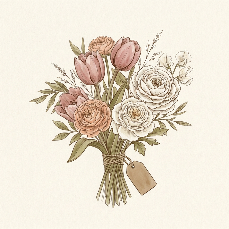 Håndbundet bukett med hageblomster i rosa, fersken og hvitt