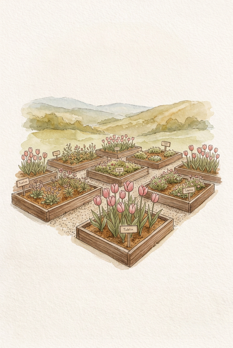 Bed med rosa tulipaner